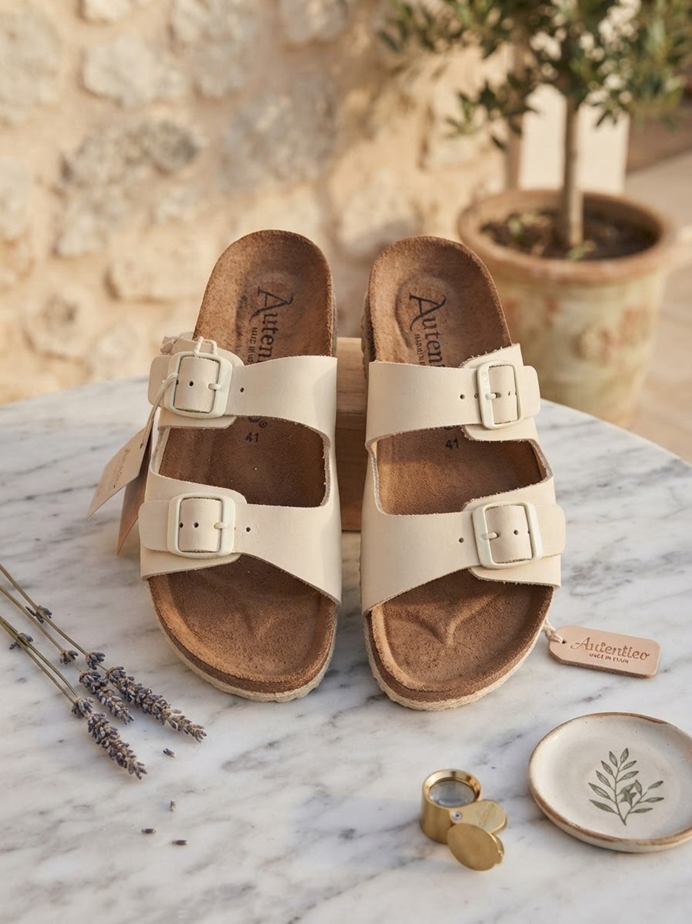 Autenti Beige Leather 2-Buckle Slide Sandals Adjustable Strap EU 41 US 10.5-11